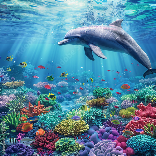 A vibrant underwater world teeming with colorful coral, playful dolphins, and schools of exotic fish, all swimming in harmony beneath the ocean's surface. 32k, full ultra hd