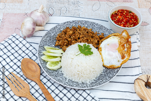 Traditional Thai street food, Sweet pork rice with Egg