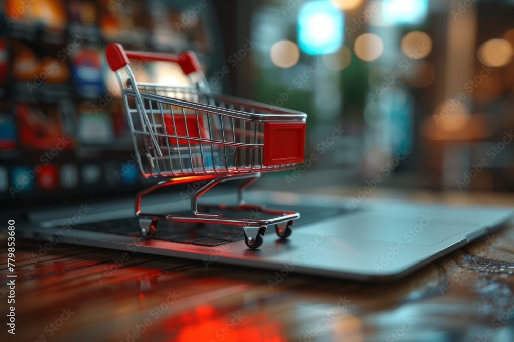 Laptop with shopping cart retail e-commerce online store buy sale marketing purchase decision internet business dropshipping fast delivery website selling technology product description Laptop with shopping cart retail e-commerce online store buy sale marketing purchase decision internet business dropshipping fast delivery website selling technology product description