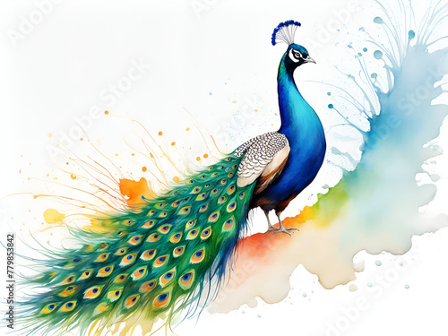 Dancing male peacock, peacock art painting, a peacock opening in a colorful scene.