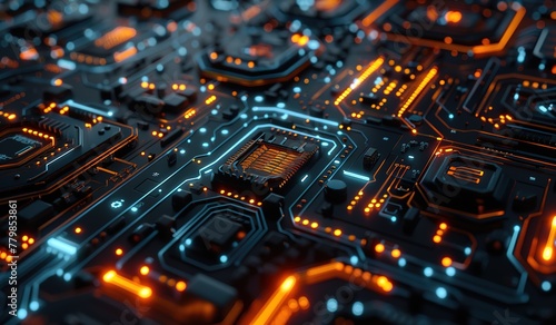 Futuristic circuit board with glowing orange and blue lights, detailed view of advanced technology components