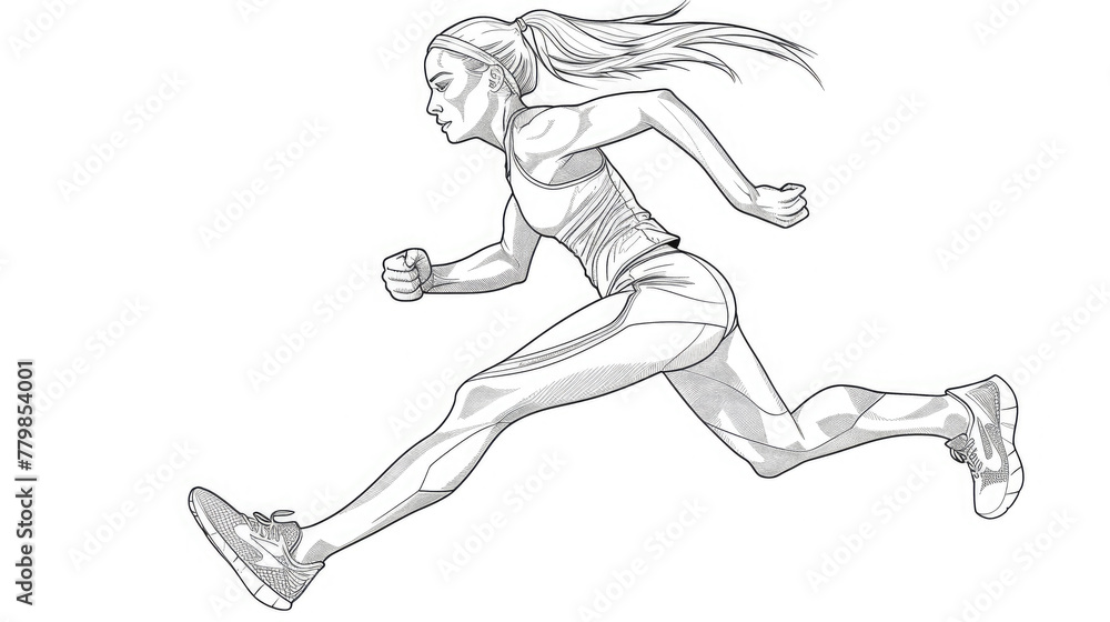 Fototapeta premium athletic girl in sportswear with prominent muscles runs on a white background, beautiful, fitness, training, woman, runner, athlete, lifestyle, portrait, people, hair, person, illustration, drawing