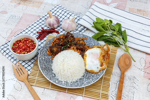 Stir-Fried Basil and Stir Fried Chili with Century Egg and Minced Pork Spicy Thai food