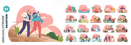 Isolated Vector Elements With Adventurous Characters On Vacation. Cartoon People Relax On Beach, Safari Park Or Barbecue