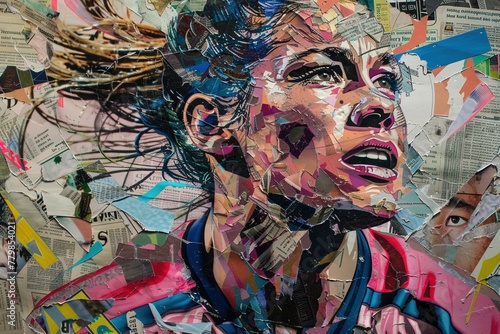 raffiti portrait of a female rugby player, her resolute expression highlighted by a meticulously crafted jersey of pink and blue stripes, formed entirely from colorful newspaper clippings © Martin