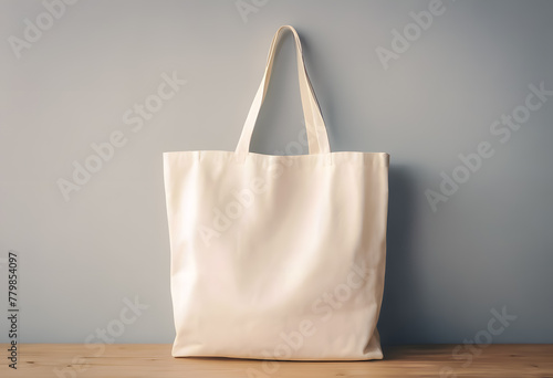 Blank canvas tote bag on a wooden surface against a plain blue wall, with space for branding and design mockups.