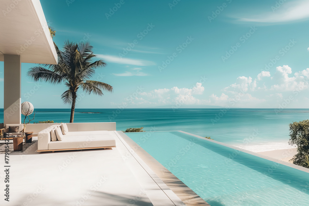 A beautiful beach house with a pool and a palm tree. The pool is surrounded by a white deck and the ocean is visible in the background. Scene is relaxing and serene