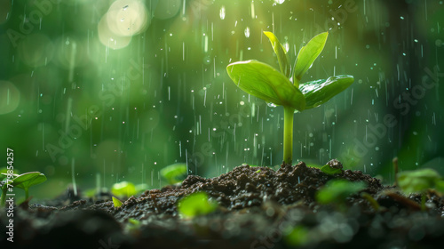 Young Plant Sprouting from Soil with Raindrops, Symbolizing Growth and the Onset of Monsoon
