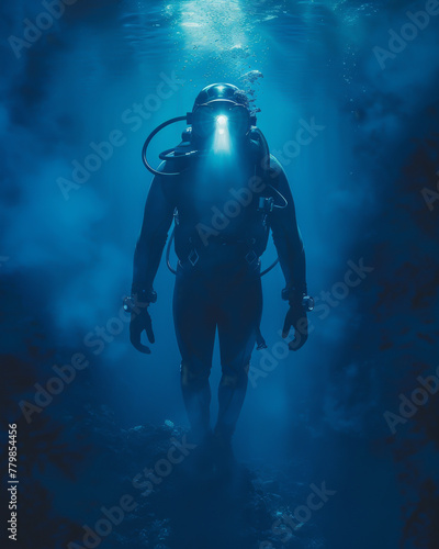 Diver in High-Tech Suit Exploring the Serene Depths of an Ocean Chasm