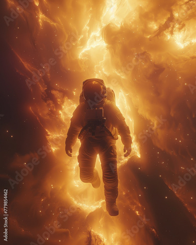 Cosmic Voyage: Astronaut Floating Through a Nebula's Incandescent Blaze