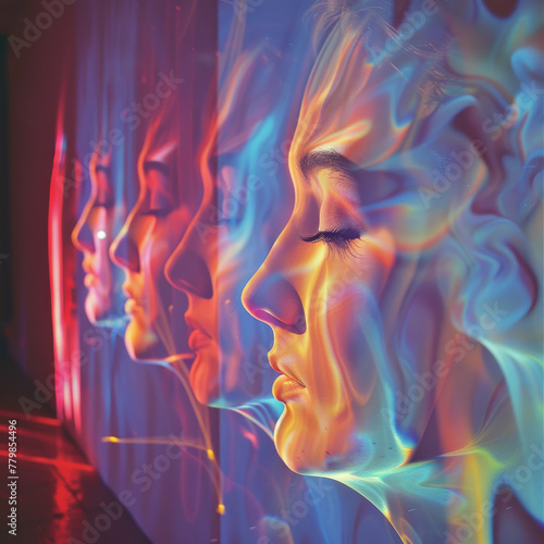 Holographic human profiles display vibrant communication networks or thought processes
