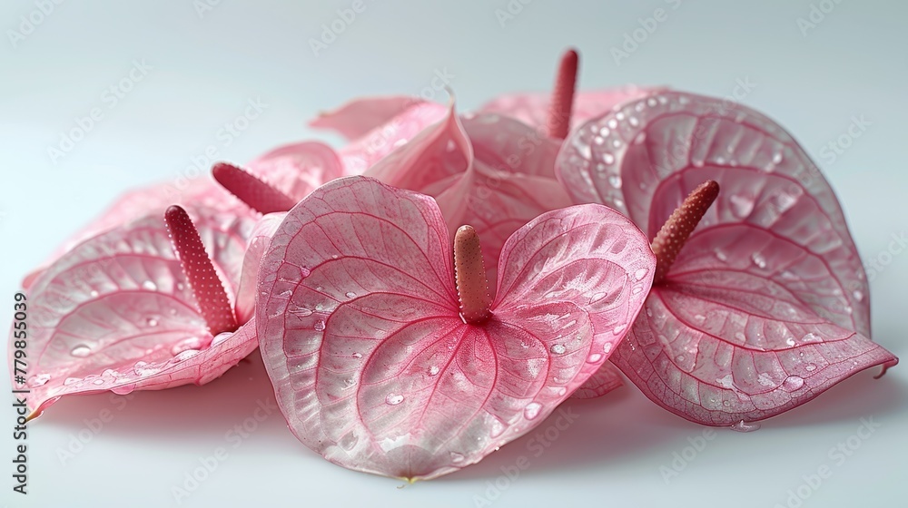 A collection of pink blooms atop a pristine white table, adorned with water droplets on their petals A collection of pink blooms atop a pristine white table, adorned with water droplets on their petals