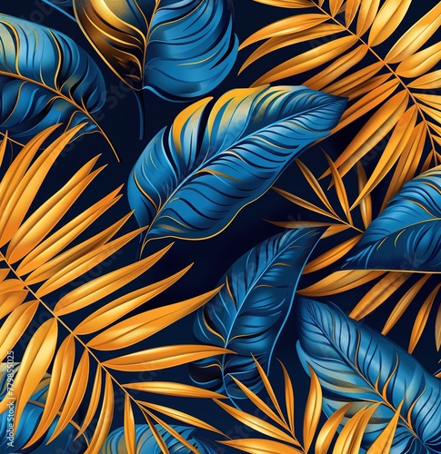An elegant pattern of gold and blue leaves - a luxurious, vibrant display of metallic foliage against a dark background