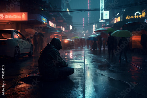 Person sitting in the road in the city while it's raining and people walk by.