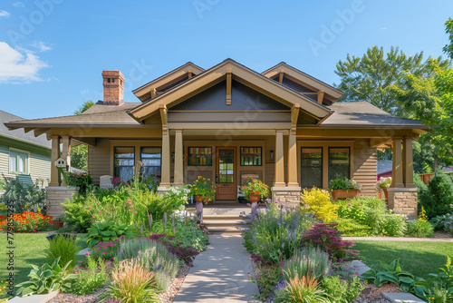 A classic Craftsman bungalow with a charming front garden, warm earth-toned facade, and an inviting porch with traditional tapered columns, located in a historic district. photo