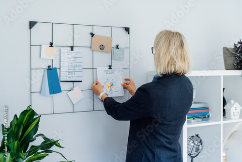 Back view middle aged businesswoman pinning work-life balance wheel diagram on grid mood board on her work space. Finding Balance in Your Life. Life planning. Coaching tools. Selective focus.