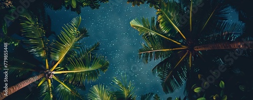 Tropical night sky view through lush palm leaves