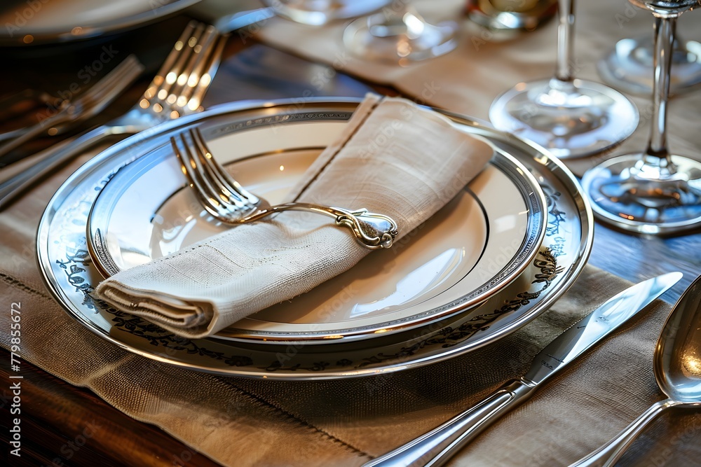 Chic and elegant, silver-plated cutlery and white plates, table setting. Chic and elegant, silver-plated cutlery and white plates, table setting.