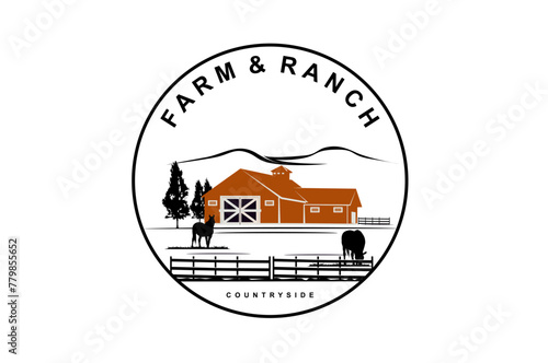 Horse stable house and pasture, mountain background, tree logo design