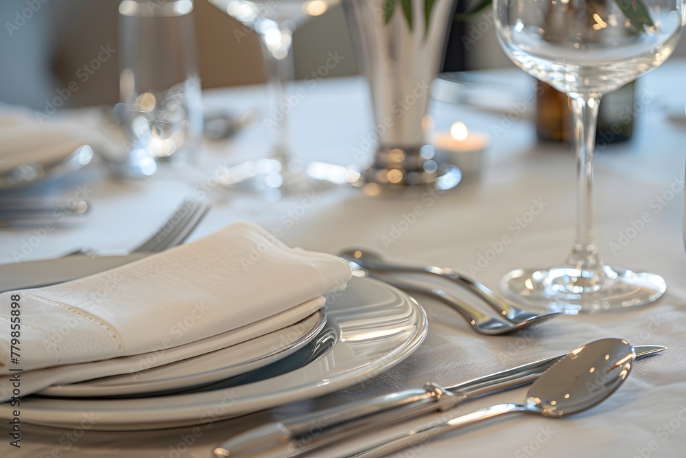 Chic and elegant, silver-plated cutlery and white plates, table setting. Chic and elegant, silver-plated cutlery and white plates, table setting.