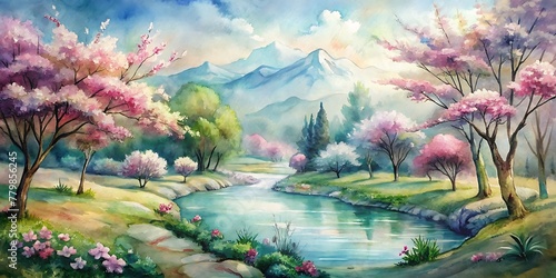 Spring Watercolor Landscape  Spring Watercolor flowers  Spring Background Blooming Flowers and Tranquil Scenery