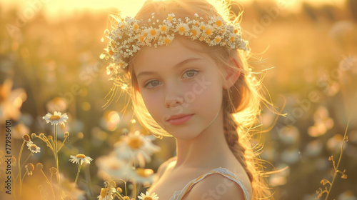 bambina felice che indossa una corona di margherite e sorride in un prato estivo inondato di sole