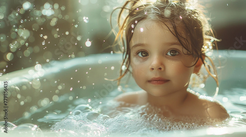 Ritratto di un bambino immerso nella luce del sole in mezzo all'acqua scintillante, che trasmette innocenza e gioia © garpinina