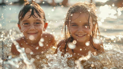 Due bambini felici giocano e spruzzano acqua in una piscina scintillante al tramonto, sfondi estivi photo