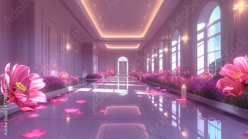   A long hallway adorned with pink floor blooms, a room centre marked by a candle atop pink petaled floor photo
