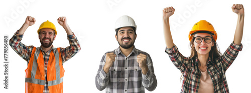 Cheerful engineer wearing helmet and winner gesture with arms raised photo