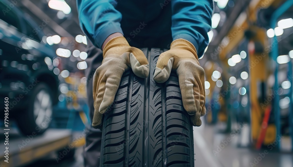 A professional mechanic inspects and processes car tires in an auto repair shop, paying special attention to the hands and the tire tread.