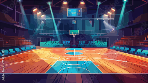 Basketball court with wooden floor scoreboard on ceil photo