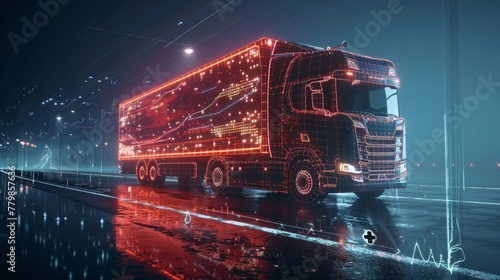 An illustration of a futuristic truck with trailer and wireframe intersection (3D)