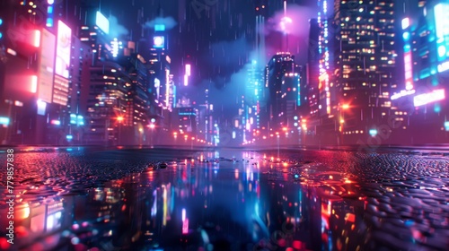Rendering of neon megacity with light reflections from puddles on street heading to buildings. Moody cyber punk theme, tech background. © Zaleman