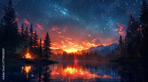 Campfire Burning Under Star-Filled Night Sky