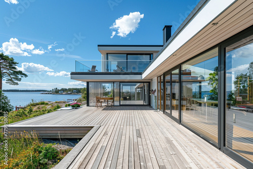 A contemporary Swedish archipelago home with clean lines, large windows, and a wooden deck overlooking the Baltic Sea. photo