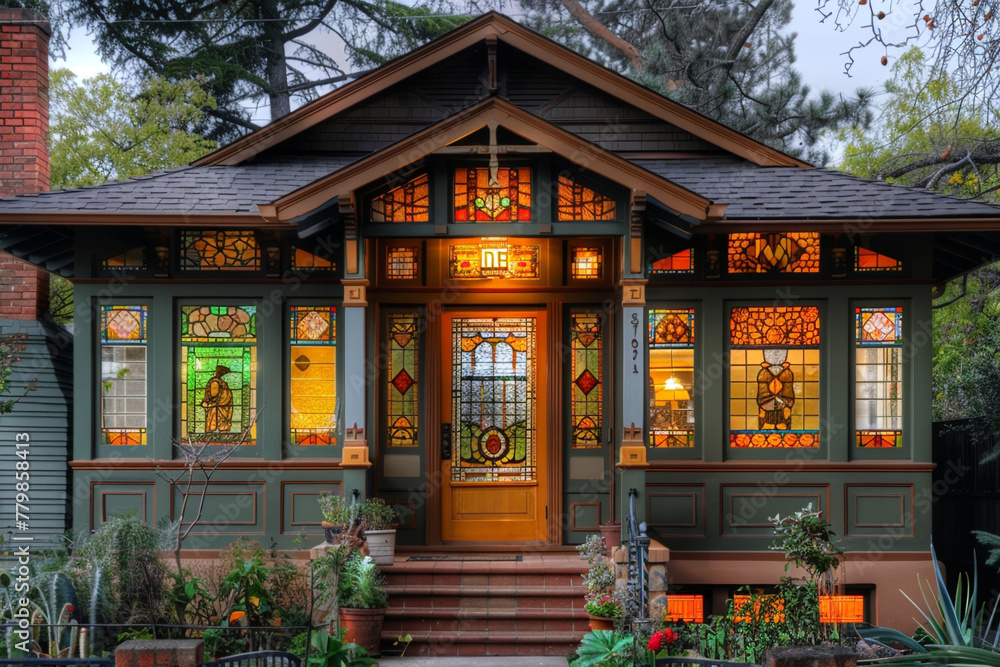 A cozy Craftsman bungalow with a warm, inviting color palette, stained glass windows, and an intricately patterned front door, set in a quaint neighborhood.