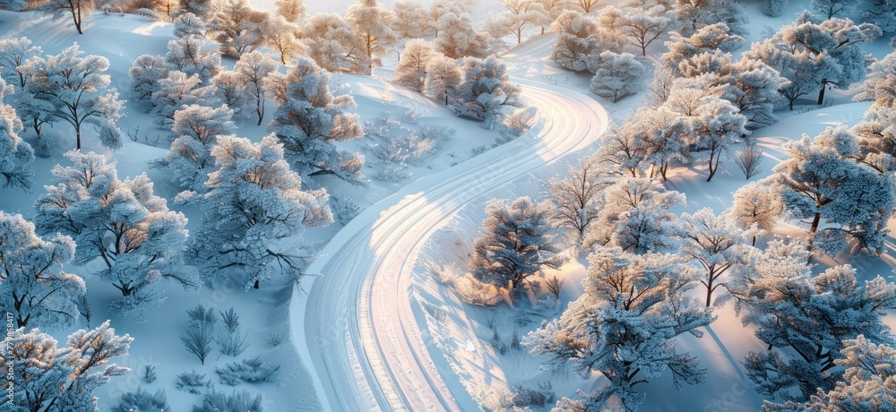 a winding road covered in snow surrounding trees