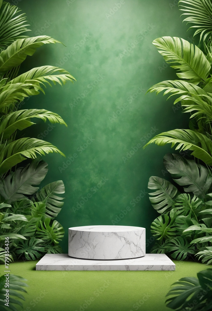 A Front-view focus on a white podium stage amidst a lush green stone and tropical leaves background