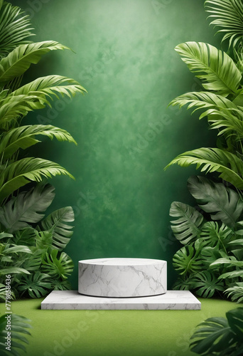 A Front-view focus on a white podium stage amidst a lush green stone and tropical leaves background