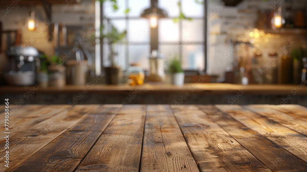 Elegant wood tabletop foreground with a gently blurred kitchen backdrop, ideal for showcasing kitchenware Elegant wood tabletop foreground with a gently blurred kitchen backdrop, ideal for showcasing kitchenware