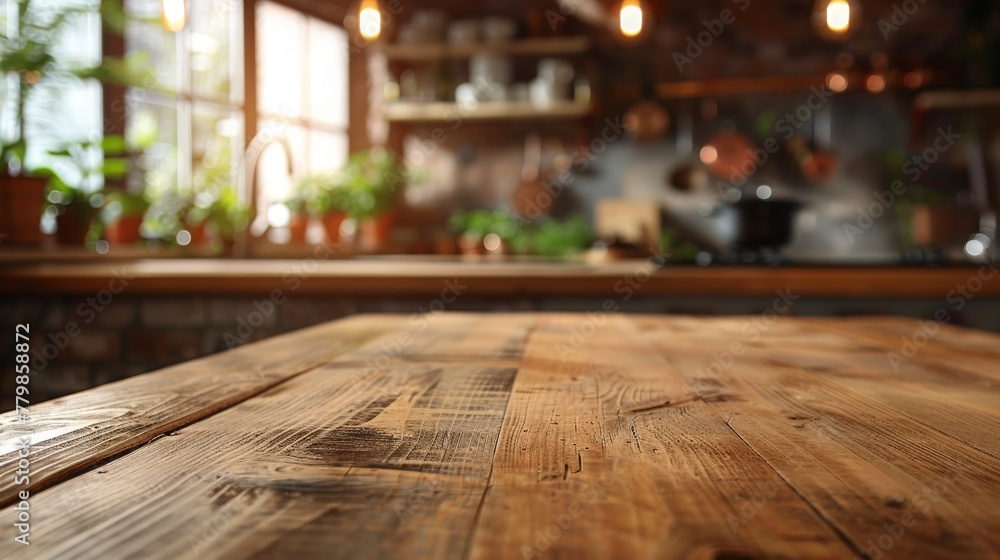 Smooth wooden surface with a soft-focus kitchen scene behind, perfect for product displays and design mockups