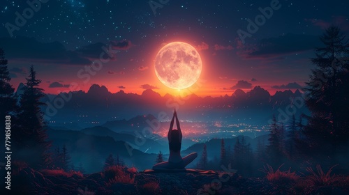 An illustration of a bright natural nightscape featuring a girl doing yoga and meditation on a mountainous landscape with a bright moon in the background