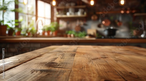 Smooth wooden surface with a soft-focus kitchen scene behind  perfect for product displays and design mockups