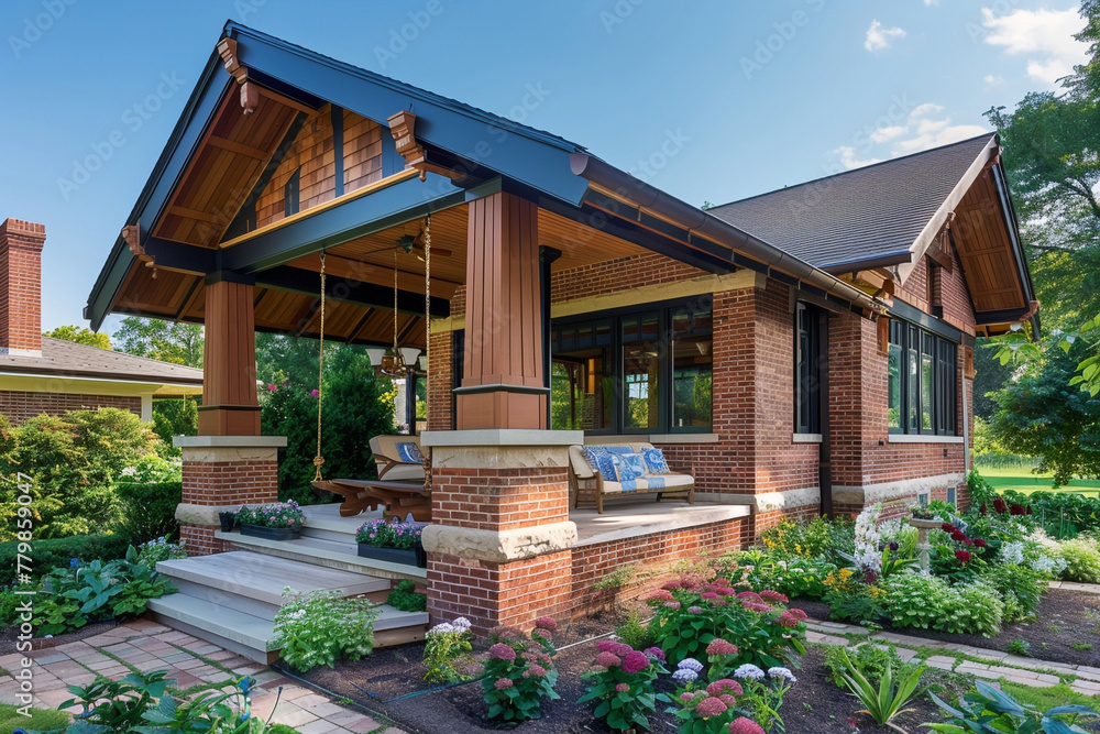 A Craftsman bungalow with a harmonious blend of brick and wood, featuring a cozy front porch with swing, surrounded by a well-kept garden with seasonal blooms.