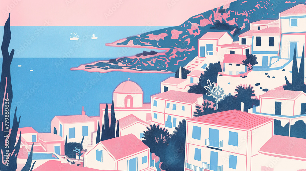 A Travel poster for a Greek village overlooking the sea . Vintage. Screen print. Pink and blue --ar 16:9 --style raw --stylize 0 Job ID: bcdbfa42-a656-4717-9972-dfa069cbcac0