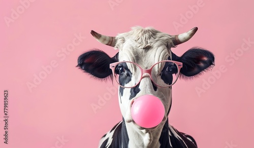 Stylish cow in glasses blowing up pink bubble gum ball isolated on soft pink background photo