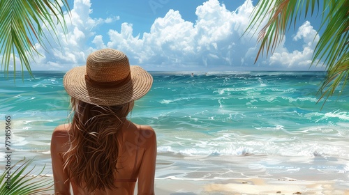 A girl in a hat sunbathes and swims at the ocean sea beach on vacation in a hat © Diana