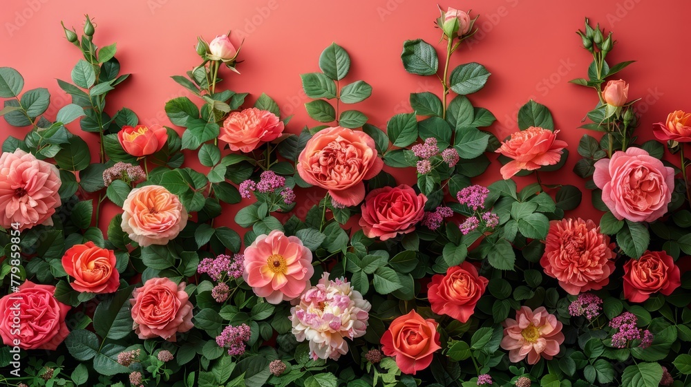 A pink backdrop showcases a collection of pink and red blooms Green foliage accompanies some flowers along the wall's edge A pink backdrop showcases a collection of pink and red blooms Green foliage accompanies some flowers along the wall's edge