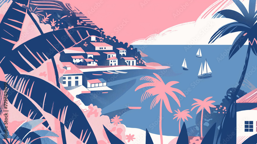 A vintage Travel poster for a South American seaside village in pink and blue